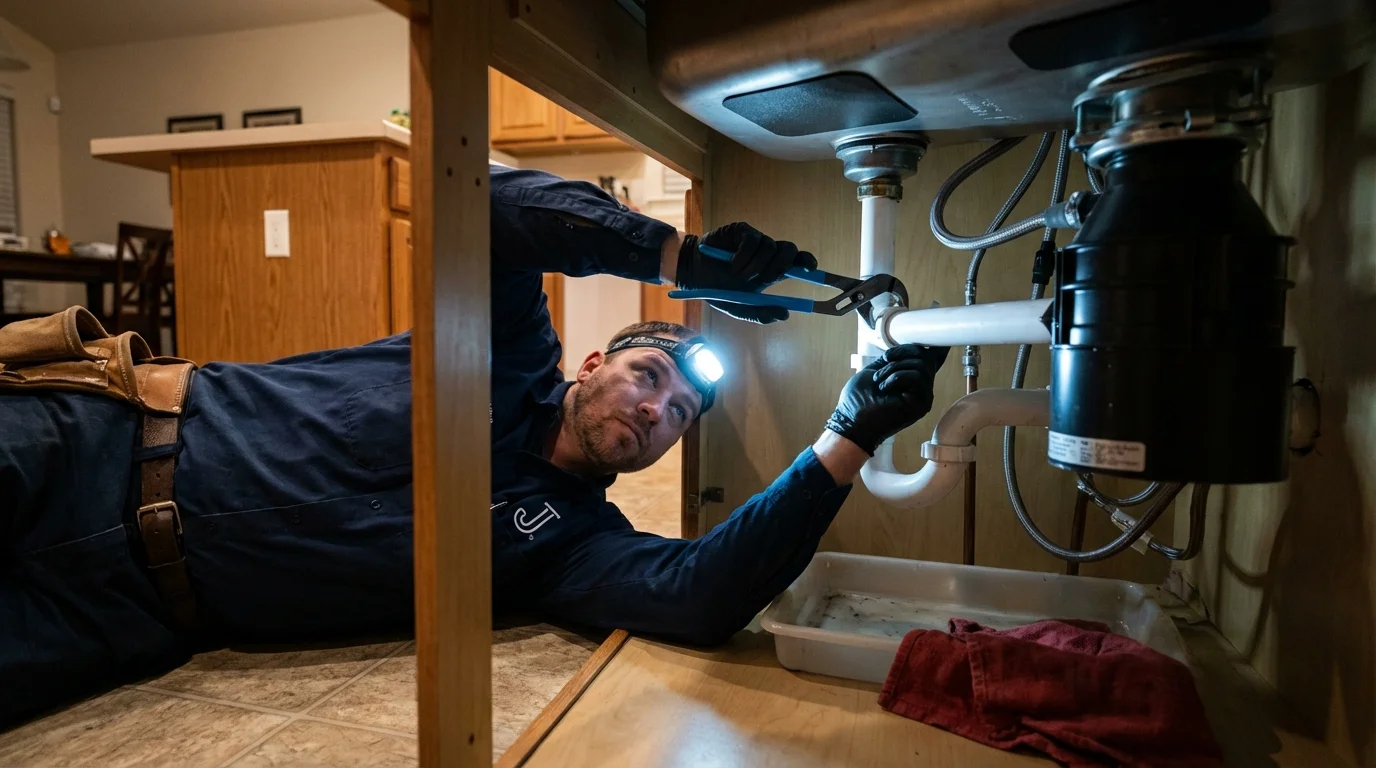 P-trap and supply line connections under a kitchen sink showing a common leak point in Monroe, WA
